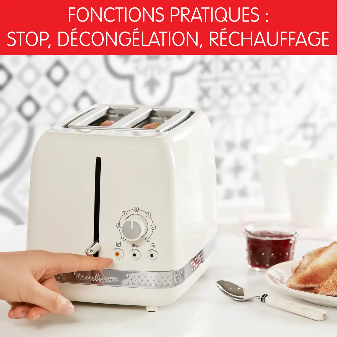 محماصة خبز SOLEIL عاجية بفتحتين عريضتين، تصميم ريترو، 7 مستويات تحميص 4