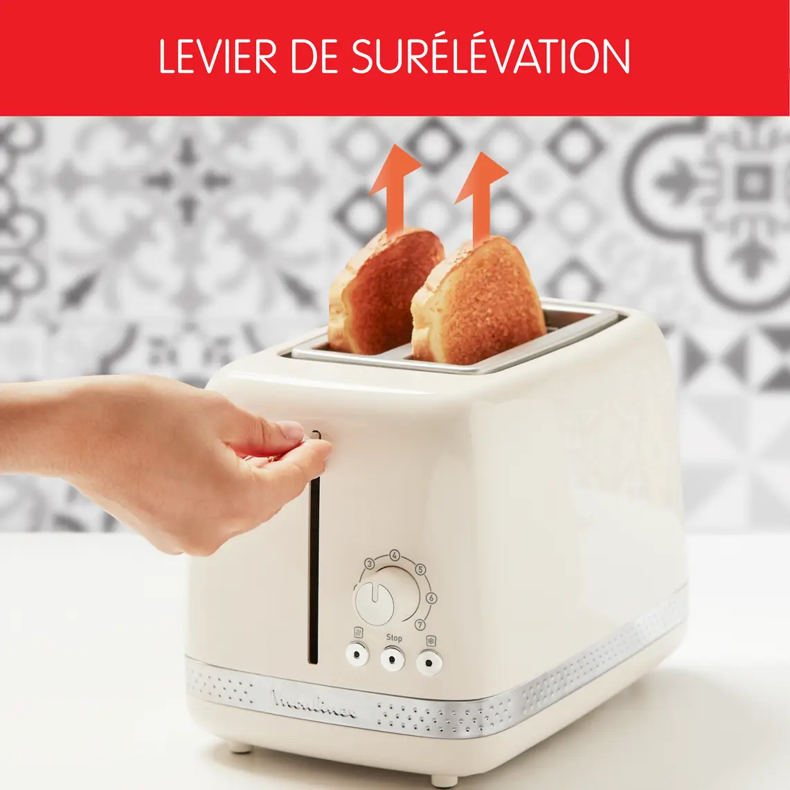 محماصة خبز SOLEIL عاجية بفتحتين عريضتين، تصميم ريترو، 7 مستويات تحميص 7